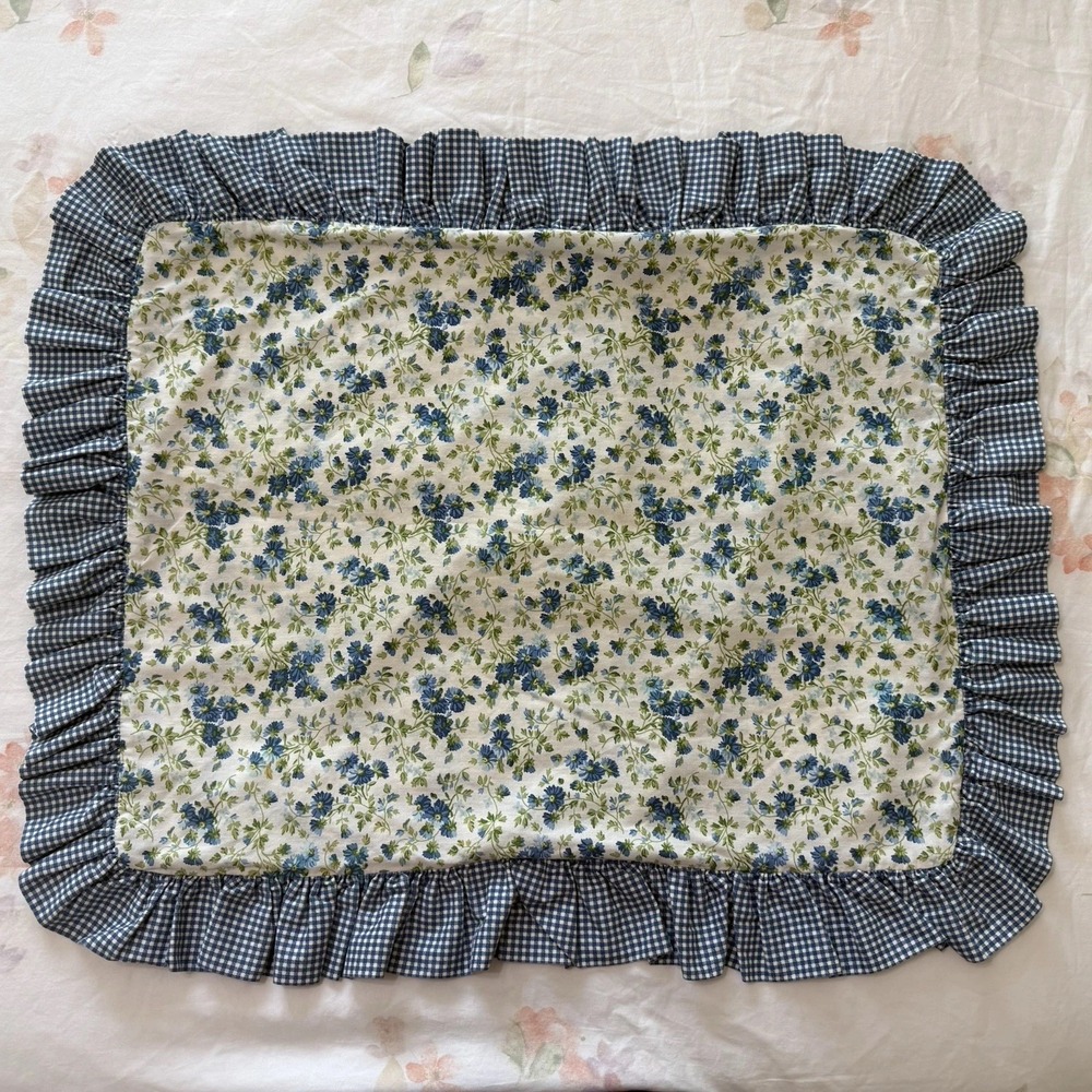 Laura Ashley Pillow‎ Sham Standard Small Blue Flowers Floral Gingham Ruffle Vtg